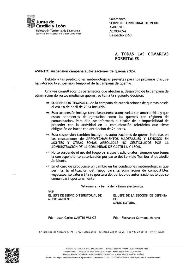 Campaña autorizaciones de Quema 2024. Suspensión desde el día 18 de abril de 2024