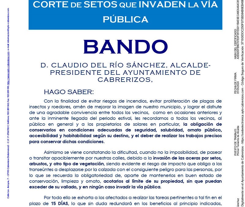 Limpieza de parcelas y solares, corte de setos que invaden la vía pública