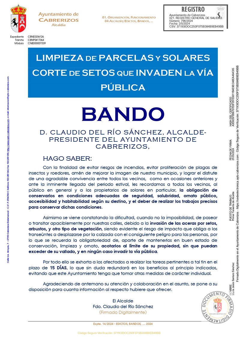 Limpieza de parcelas y solares, corte de setos que invaden la vía pública
