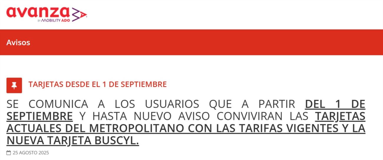 Aviso. Tarjetas transporte metropolitano
